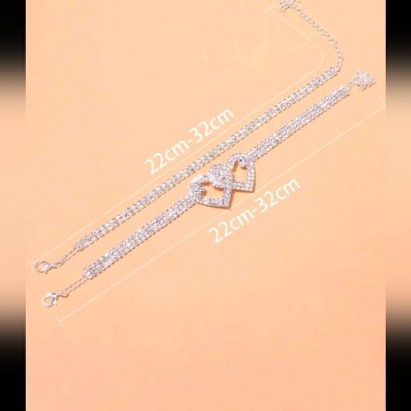 Crystal Silver Layered Heart Anklet - Picture 2 of 4